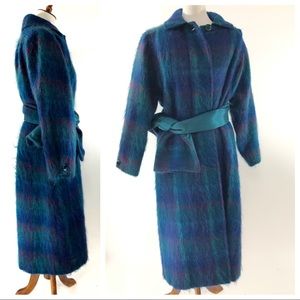 Vintage Mohair Aqua Plaid Long Sash Jacket M/L